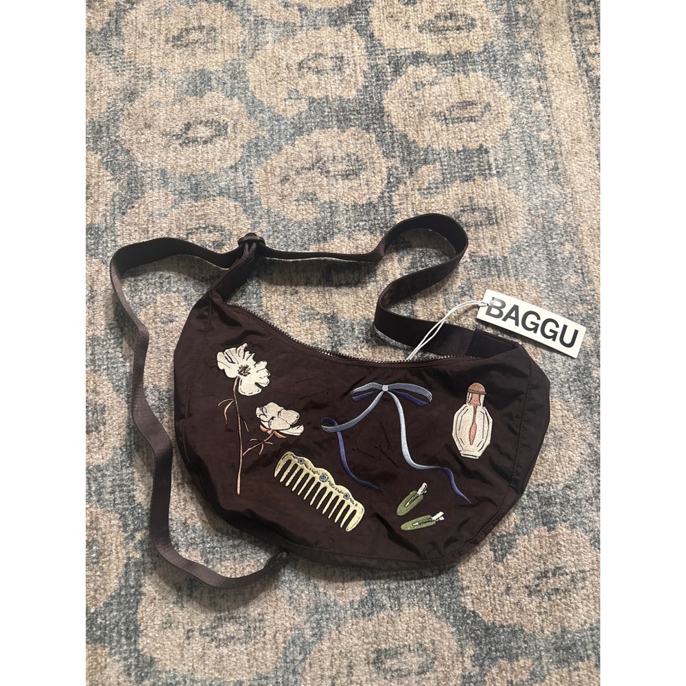 Baggu Medium Crescent Bag Embroidered Get Ready With Me (Chocolate Plum) NWT